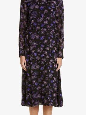 Ganni Black Midi Dress with Purple Floral Print and sheer sleeves